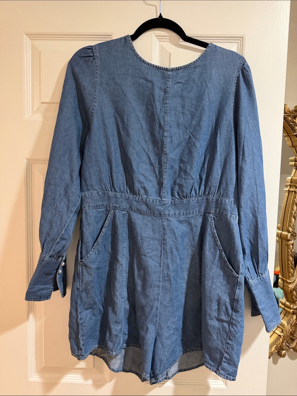 Light Blue Denim Long Sleeve romper with pearl buttons